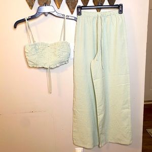 Mint Green and White Crop Top and Pants Set